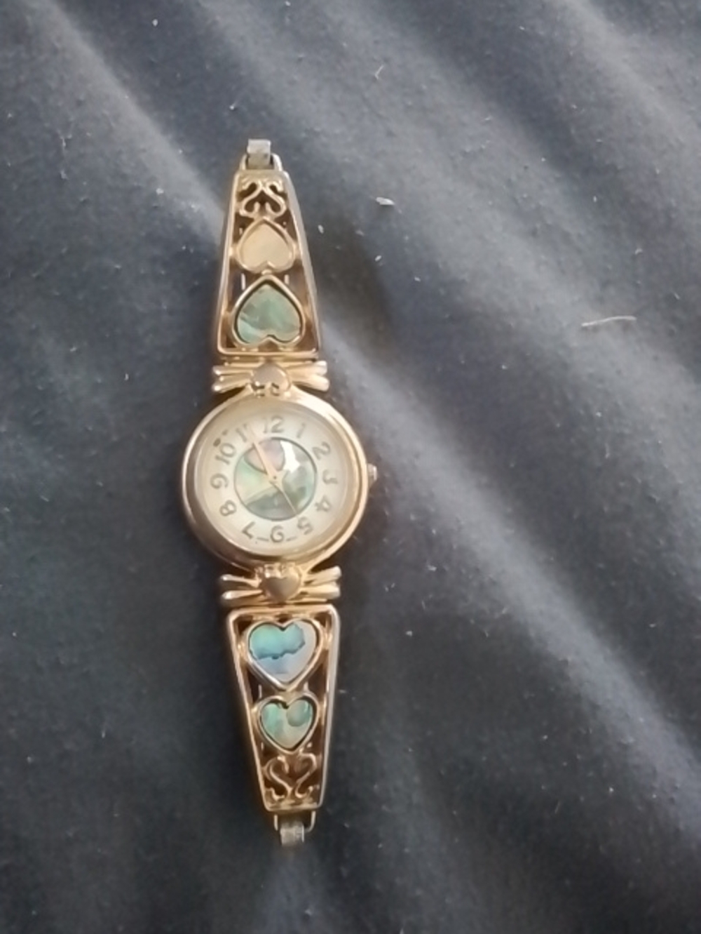 Gold-Tone Heart Inlay Women's Bracelet Watch with Blue-Green Accents